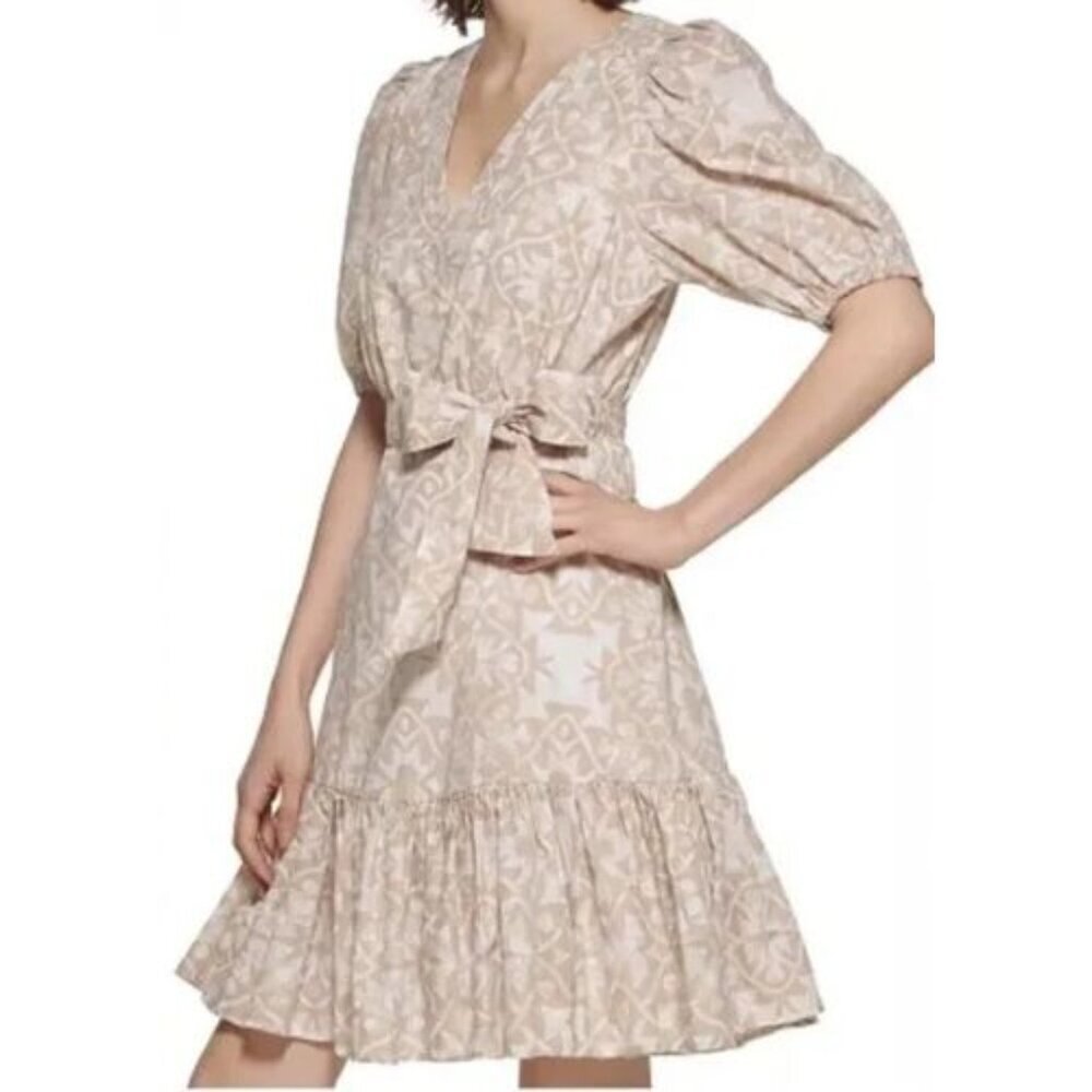 New! Calvin Klein Printed Flouncy Belted Cotton Mini Dress Size 2 36074